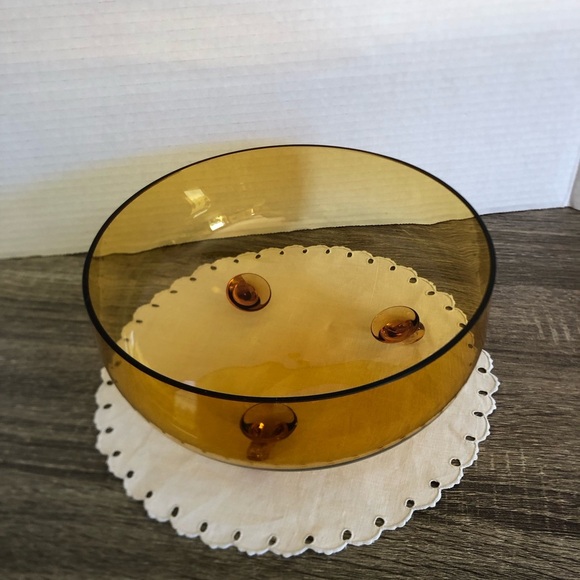 Handblown Amber Art Glass Bowl with Feet - Picture 1 of 11